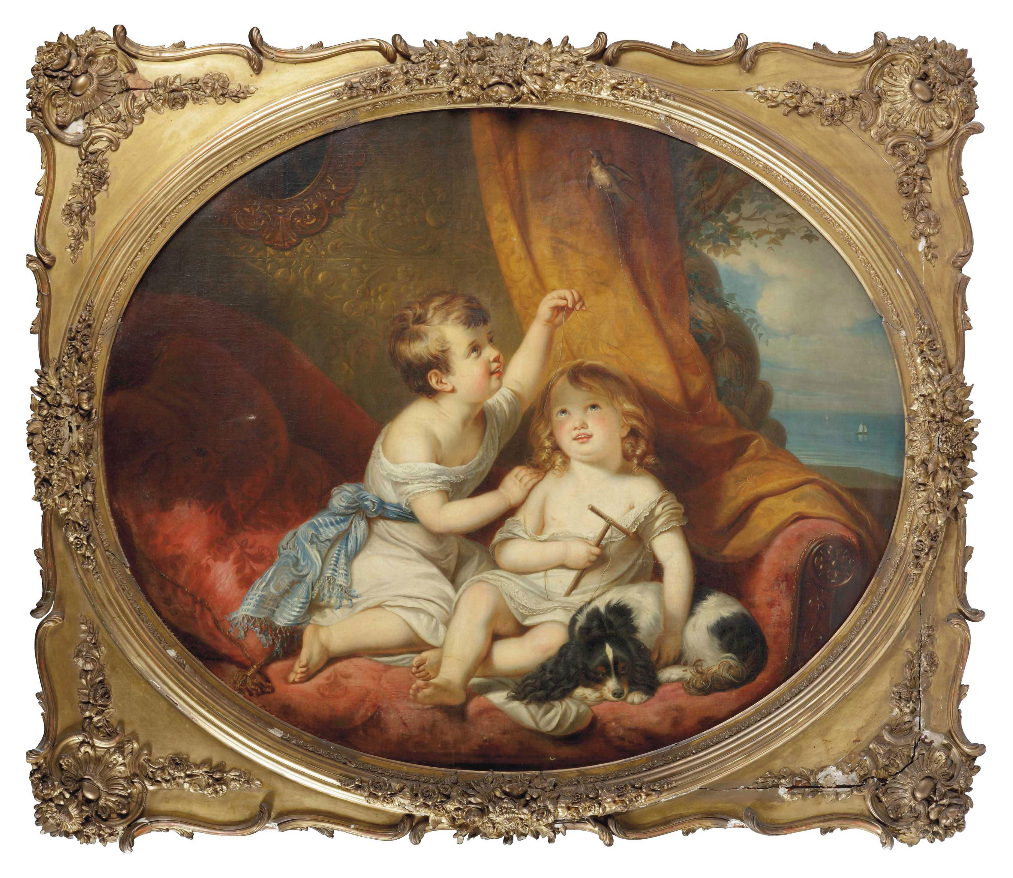 Adriaen Wulffaert - Sibblings With Their Pets, In A Painted Oval