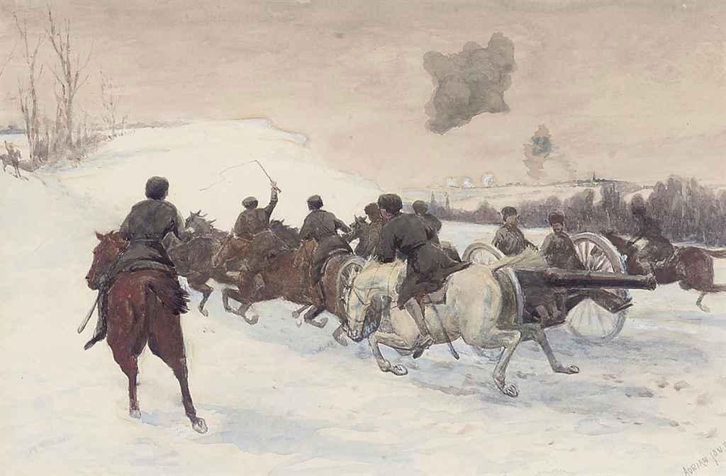Adrian Jones - Russian artillery charging through the snows of East Prussia