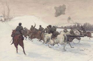 Adrian Jones - Russian artillery charging through the snows of East Prussia