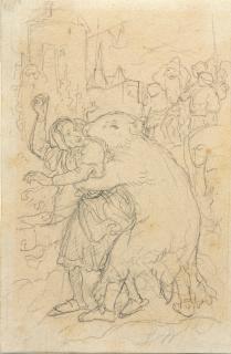 Adrian Ludwig Richter - Der Spiegelschwab im Bärenfell zaust eine alte Frau.