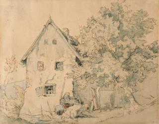 Adrian Ludwig Richter - Kleines bäuerliches Anwesen neben einem großen Baum.