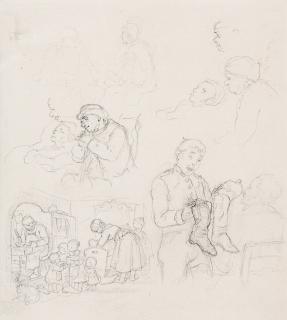 Adrian Ludwig Richter - Studienblatt zu: „Die Spinnstube“.