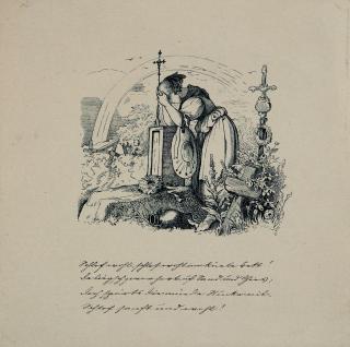 Adrian Ludwig Richter - Trauerndes Mädchen, über einen Grabstein gebeugt.