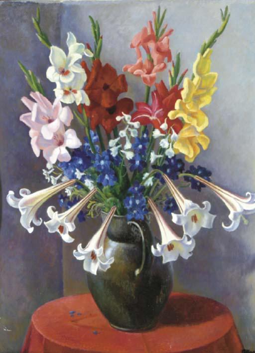 Adrian Paul Allinson - Dahlias, Frises And Other Flowers In A Vase On A Red Draped Table