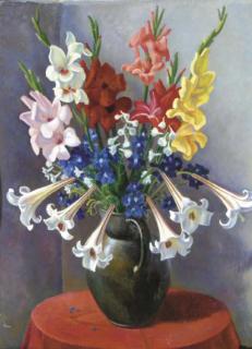 Adrian Paul Allinson - Dahlias, Frises And Other Flowers In A Vase On A Red Draped Table
