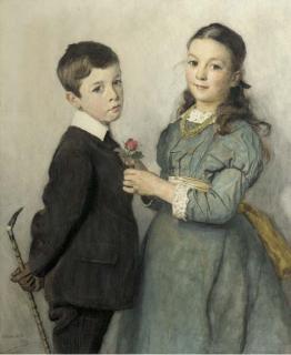 Adrian Scott Stokes, R.A., V.P.R.W.S. - Portrait of a young boy and girl, three-quarter lengths