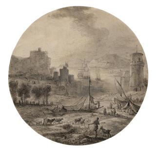 Adrian Van Der Kabel - Bergers Et Leur Troupeau Au Bord Du Rivage, Des Voiliers À Quai, Une Ville Fortifiée À L\'Arrière-Plan (Recto) ; Trois Cavaliers À Cheval (Verso)