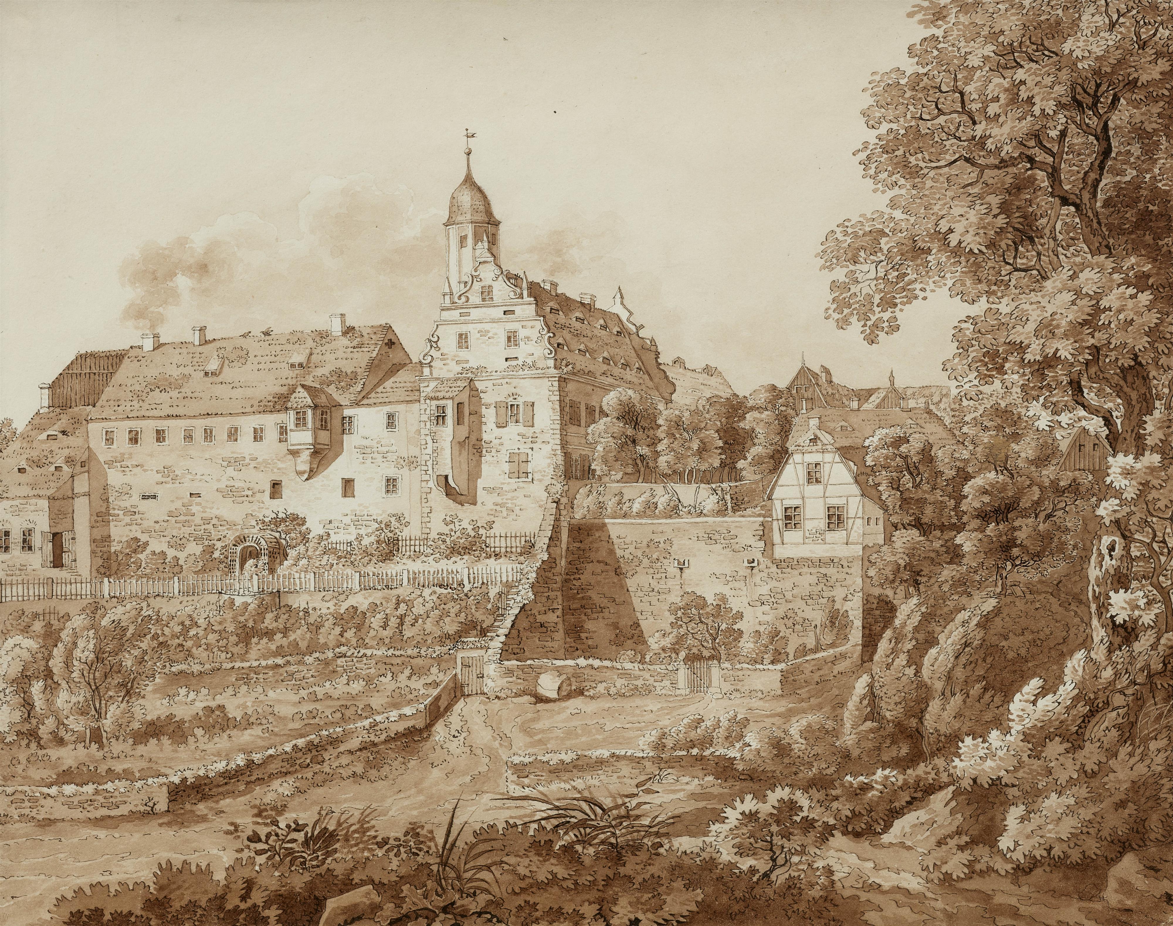 Adrian Zingg - Blick über Wiesen und Gartenanlagen auf Schloss Nöthnitz