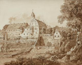 Adrian Zingg - Blick über Wiesen und Gartenanlagen auf Schloss Nöthnitz