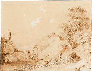 Adrian Zingg - Rastende Wanderer in felsiger Landschaft.