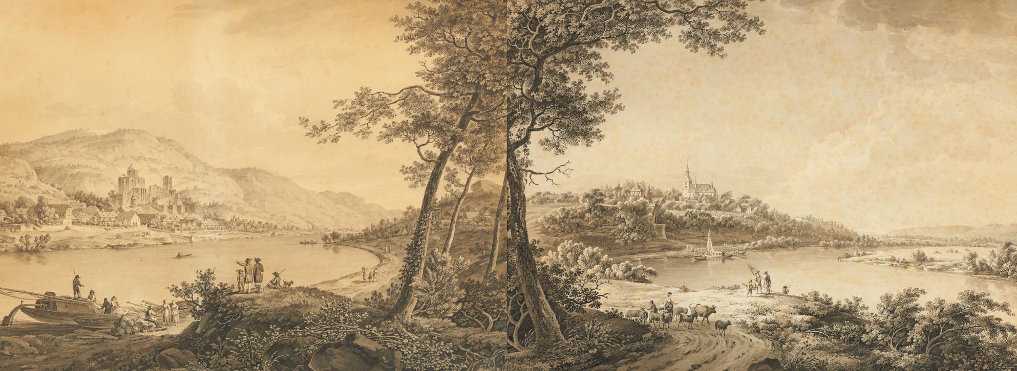 Adrian Zingg - Zwei Flusslandschaften an der Elbe, u.a. Blick auf Priessnitz.