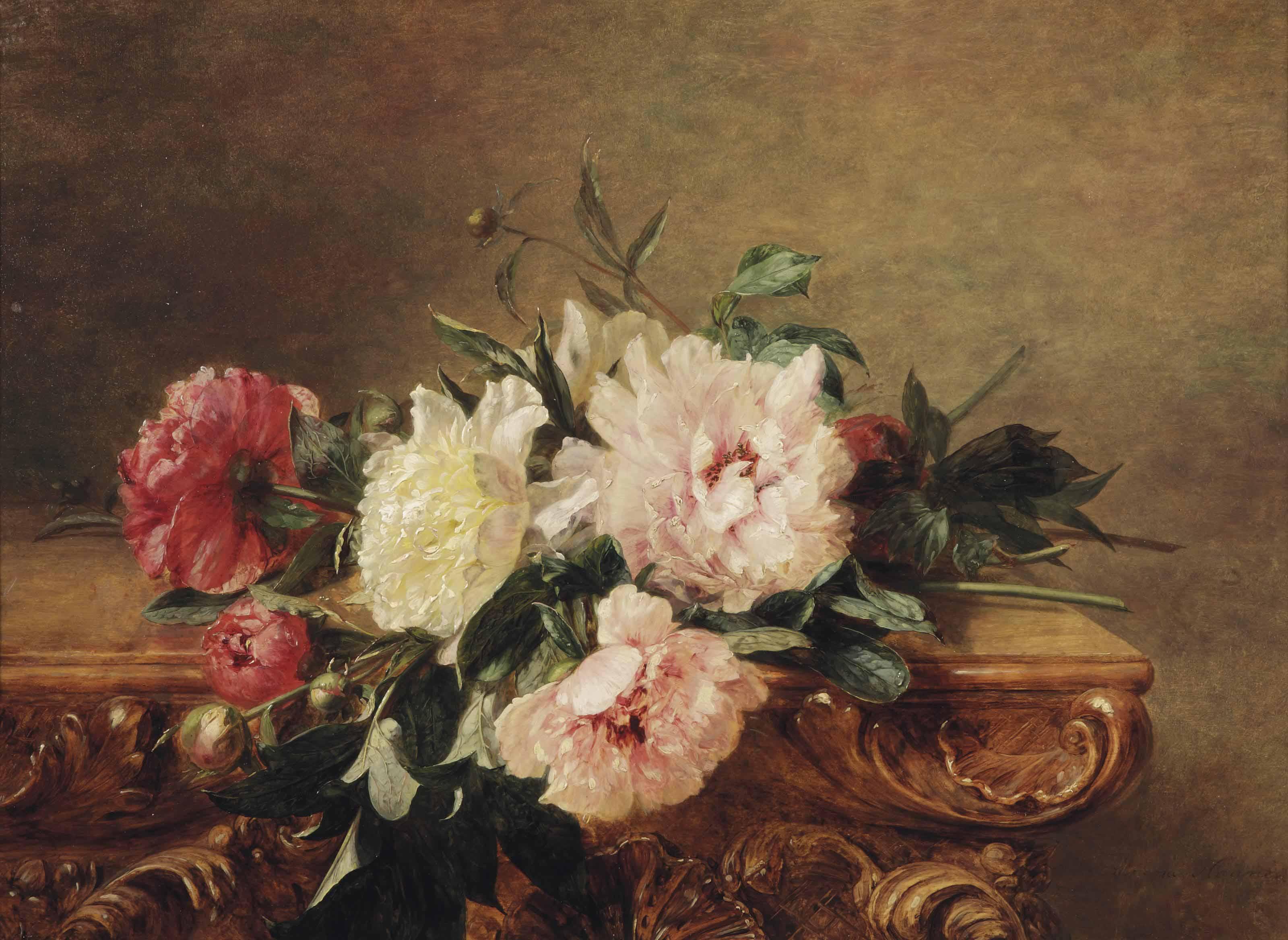 Adriana Haanen - Red, White And Pink Peonies On A Decorated Marble Ledge