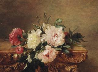 Adriana Haanen - Red, White And Pink Peonies On A Decorated Marble Ledge