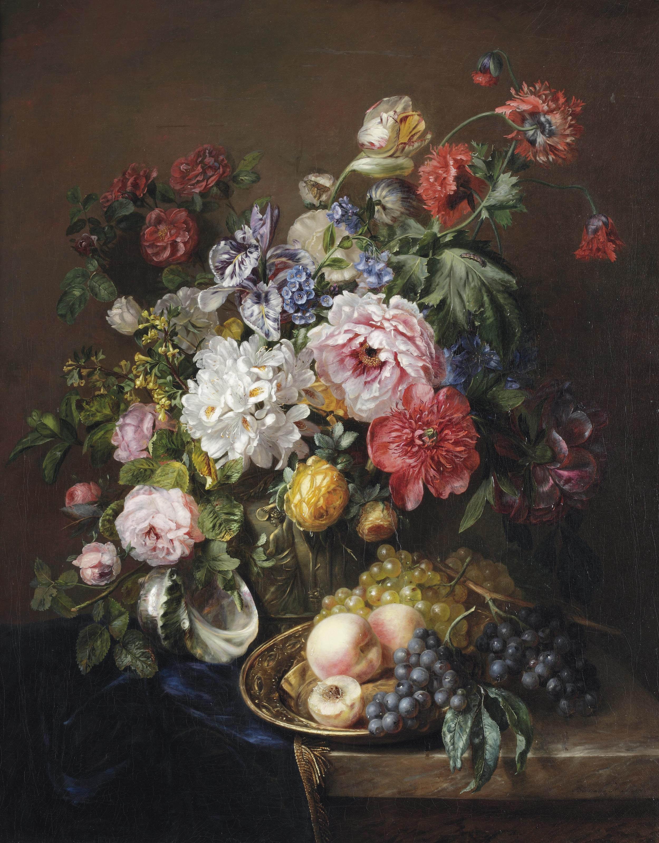 Adriana Haanen - Roses, poppies, peonies, tulips and syringa with a caterpillar and a moth in a vase with classical reliefs, peaches and grapes on a copper ewer and grapes and a seashell on a partially draped marble ledge