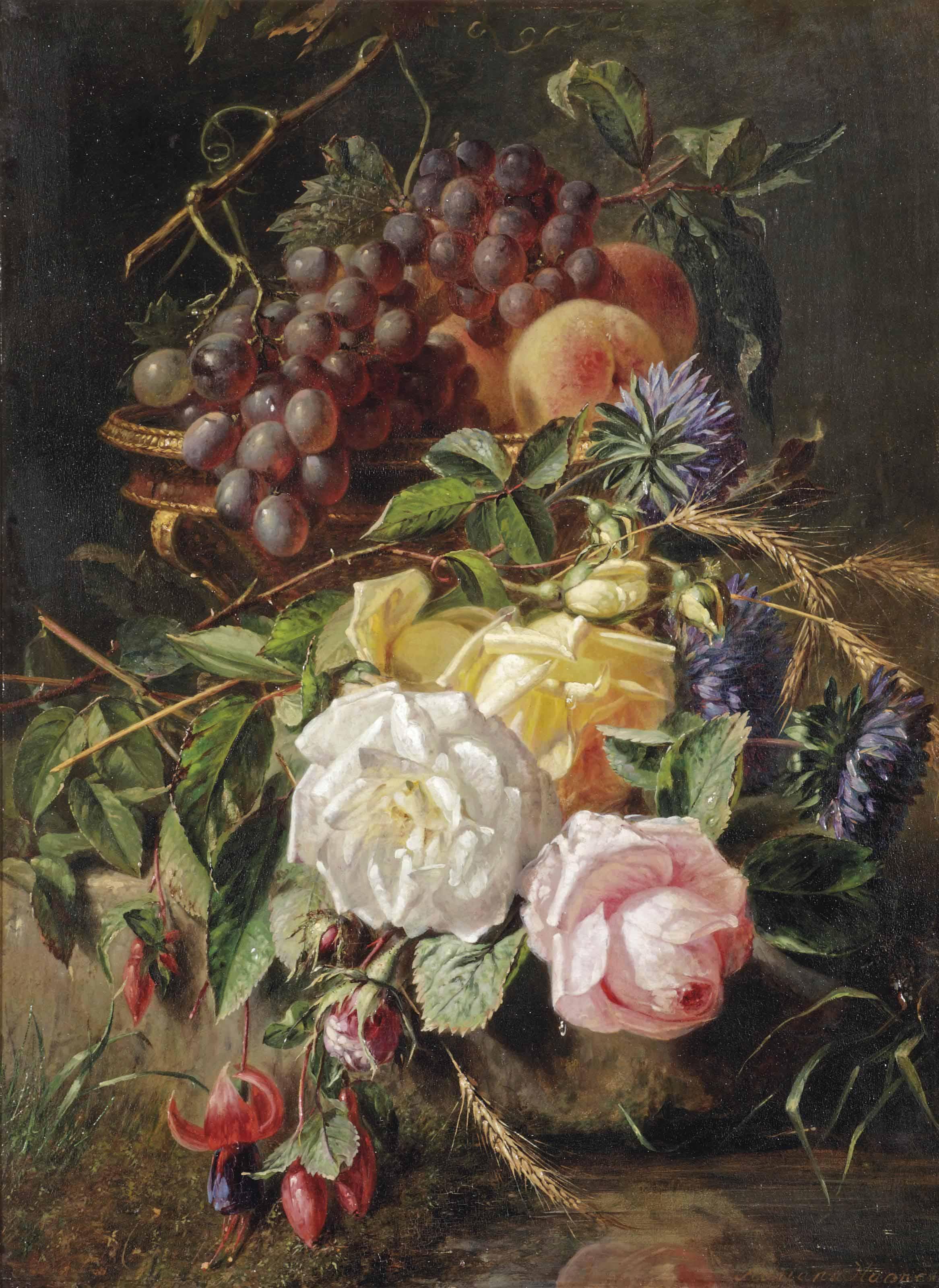 Adriana Haanen - Roses, Wild Cornflowers, Several Other Flowers, Grapes And Peaches In A Vase On A Stone Ledge