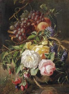 Adriana Haanen - Roses, Wild Cornflowers, Several Other Flowers, Grapes And Peaches In A Vase On A Stone Ledge