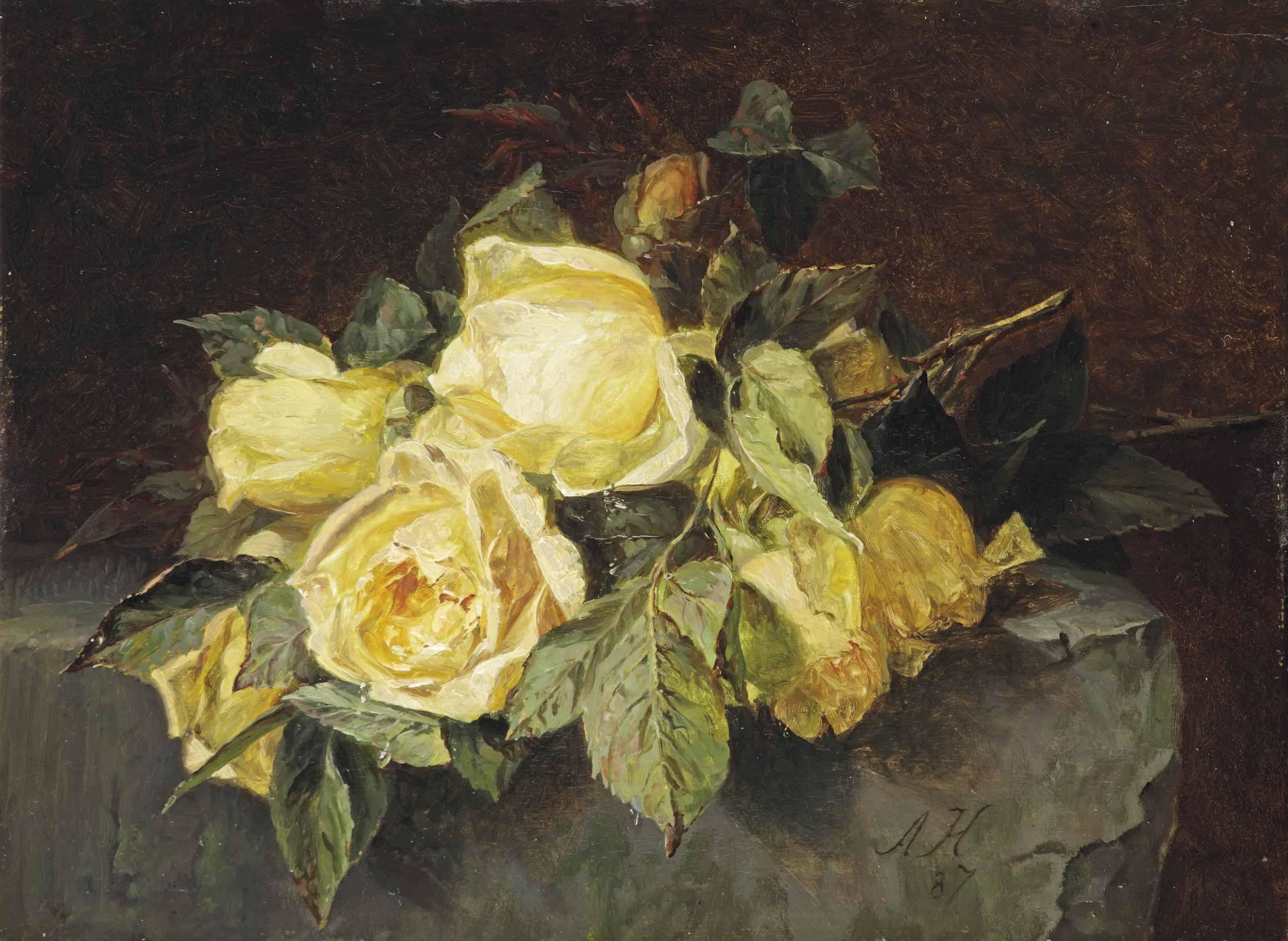 Adriana Haanen - Yellow Roses On A Stone Slate