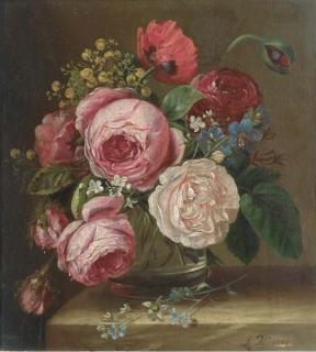 Adriana Joanna Haanen - Roses In A Glass Vase On A Ledge