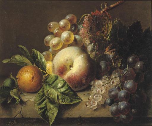 Adriana Johanna Haanen - A peach, medlar, grapes and white currants on a ledge