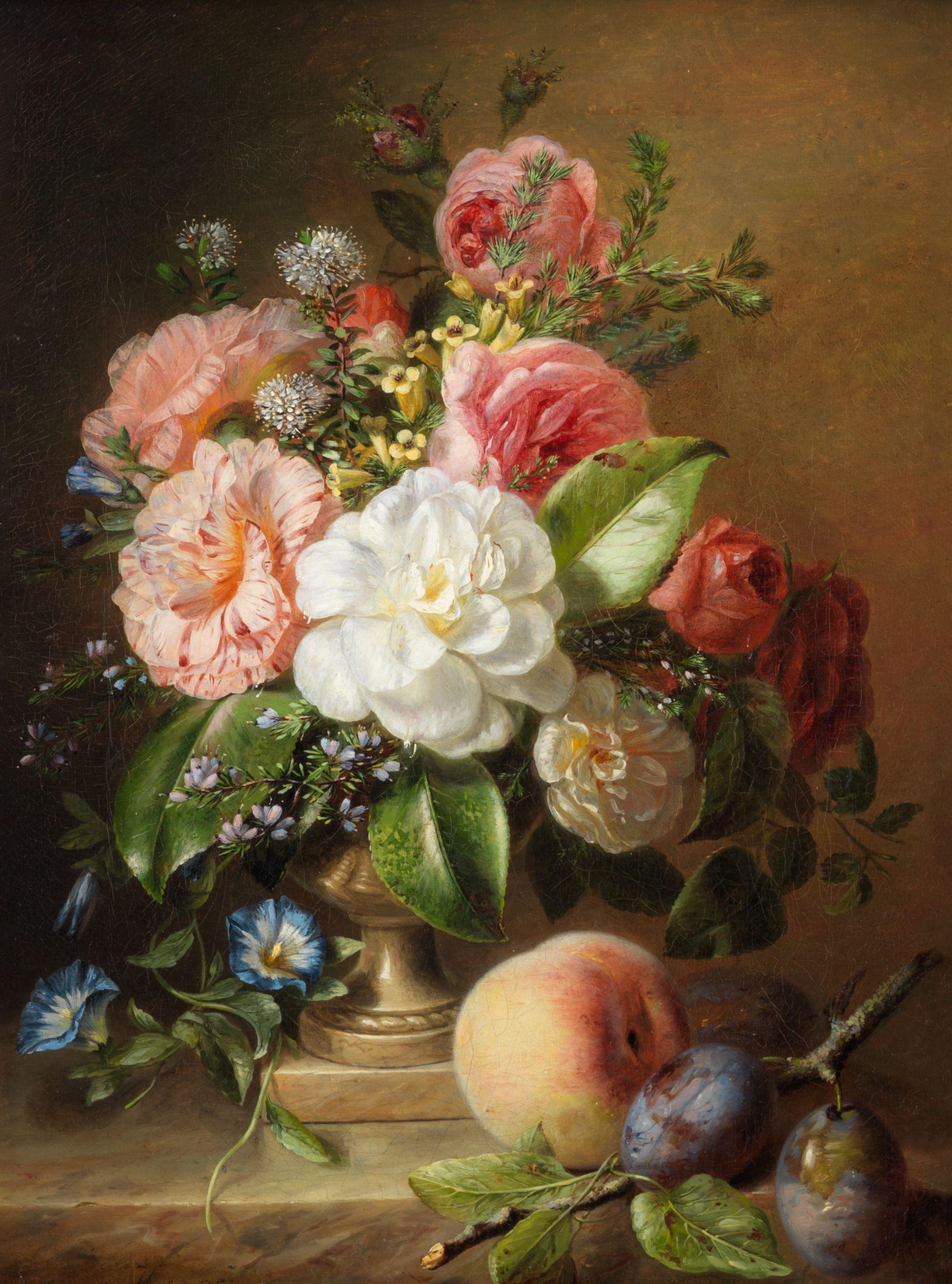 Adriana Johanna Haanen - A still life of flowers, plums and a peach