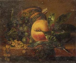 Adriana Johanna Haanen - A still life with fruit and a kingfisher on a ledge