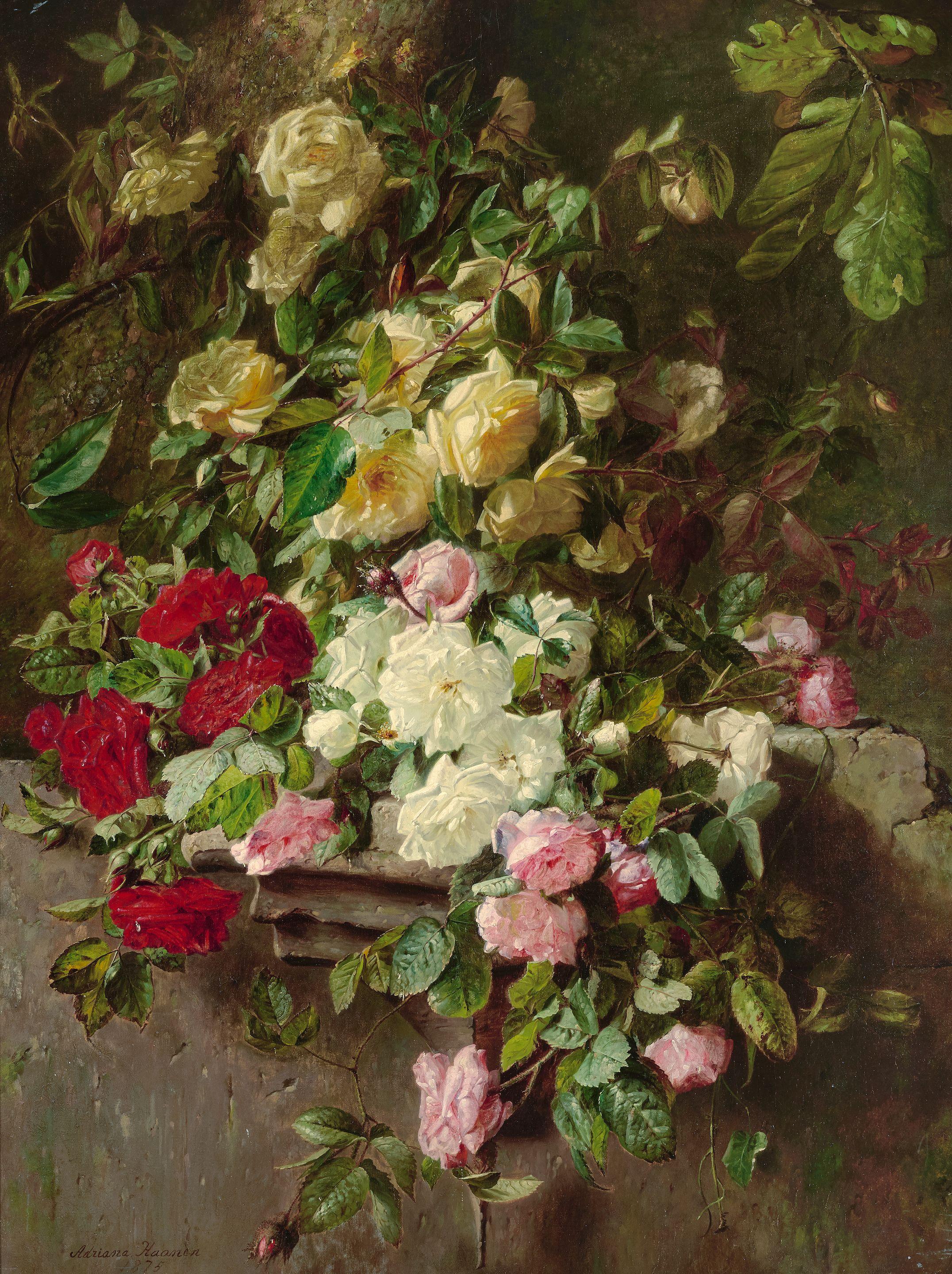 Adriana Johanna Haanen - A still life with roses tumbling over a stone ledge