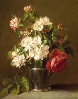 Adriana Johanna Haanen - Appleblossom and roses in a silver beaker