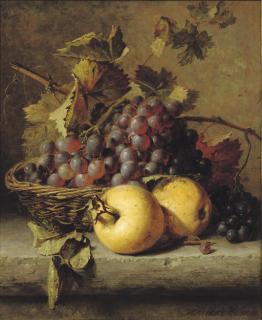 Adriana Johanna Haanen - Apples and grapes on a ledge