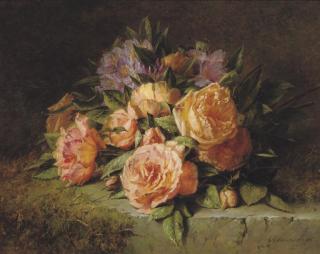 Adriana Johanna Haanen - Pink roses and rhododendrons on a marble ledge