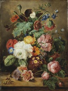 Adriana Johanna Haanen - Roses, poppies, marigolds and other flowers in a earthenware vase