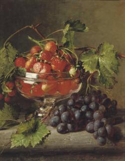 Adriana Johanna Haanen - Strawberries in a glass bowl with grapes on a ledge