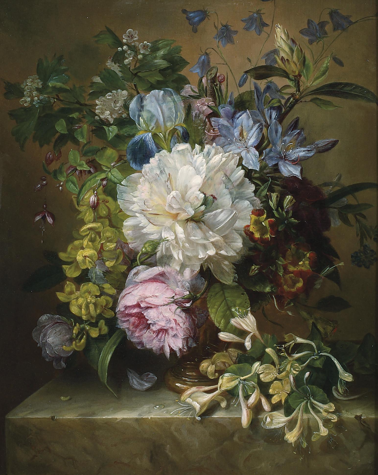 Adriana Johanna Haanen - Summer flowers on a marble ledge