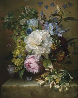 Adriana Johanna Haanen - Summer flowers on a marble ledge