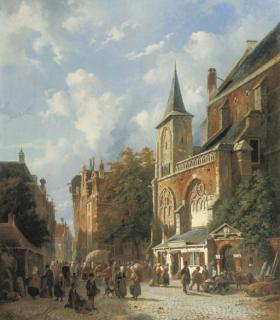 Adrianus Eversen - A bustling street by a church in a Dutch town