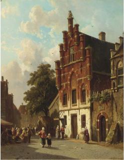 Adrianus Eversen - A busy day on a sunlit Dutch street