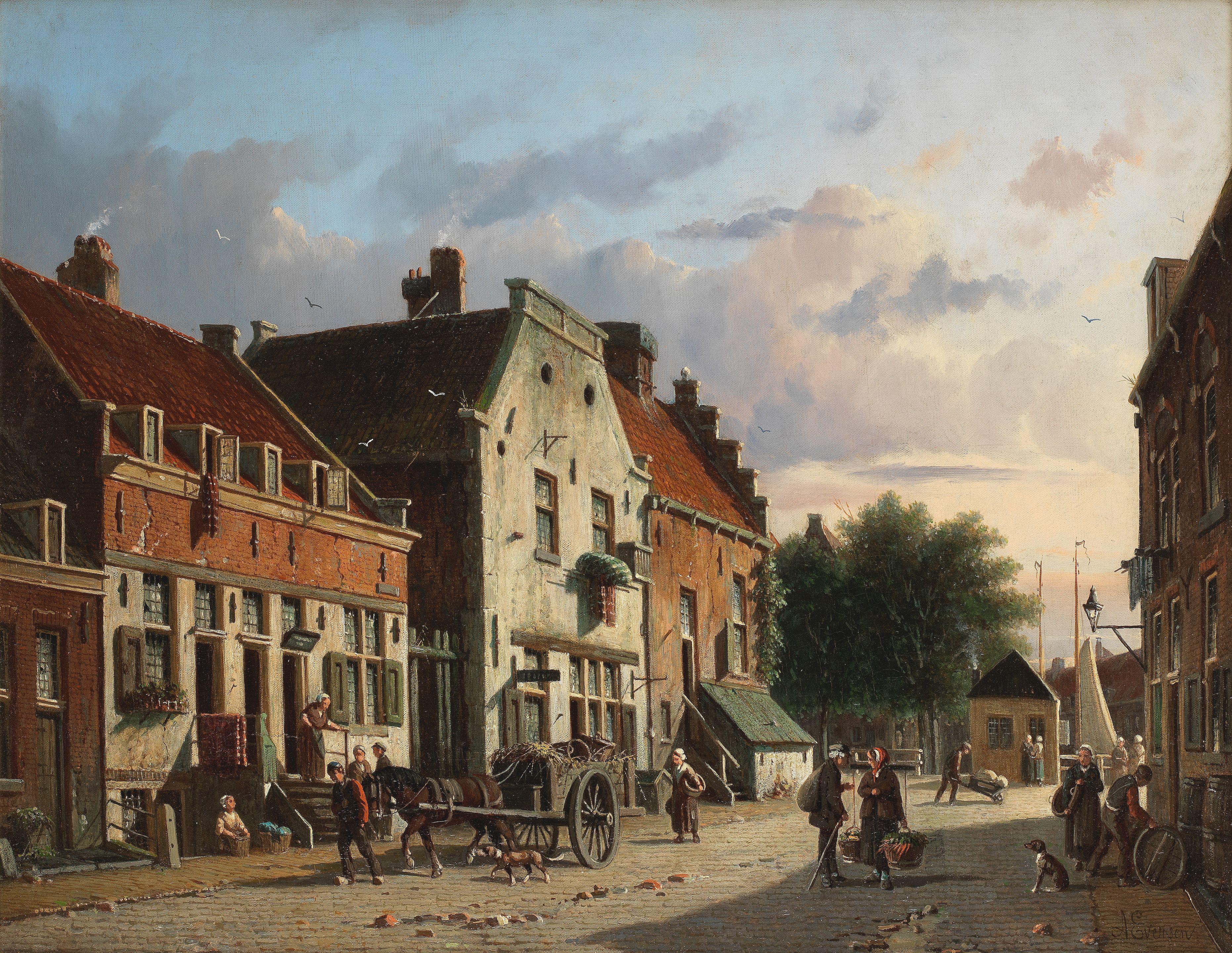 Adrianus Eversen - A Busy Street Scene In A Dutch Town