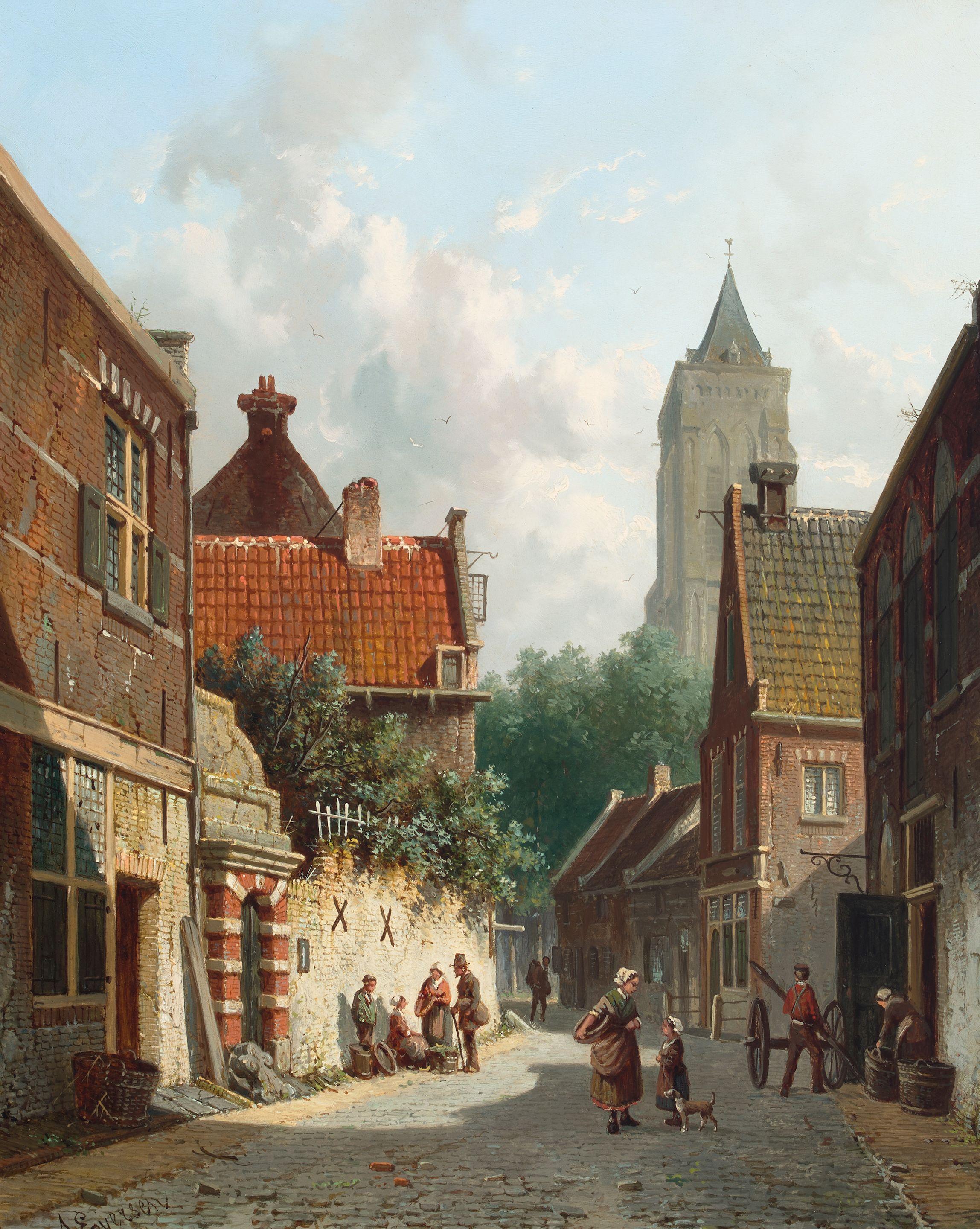 Adrianus Eversen - A Dutch street scene in summer