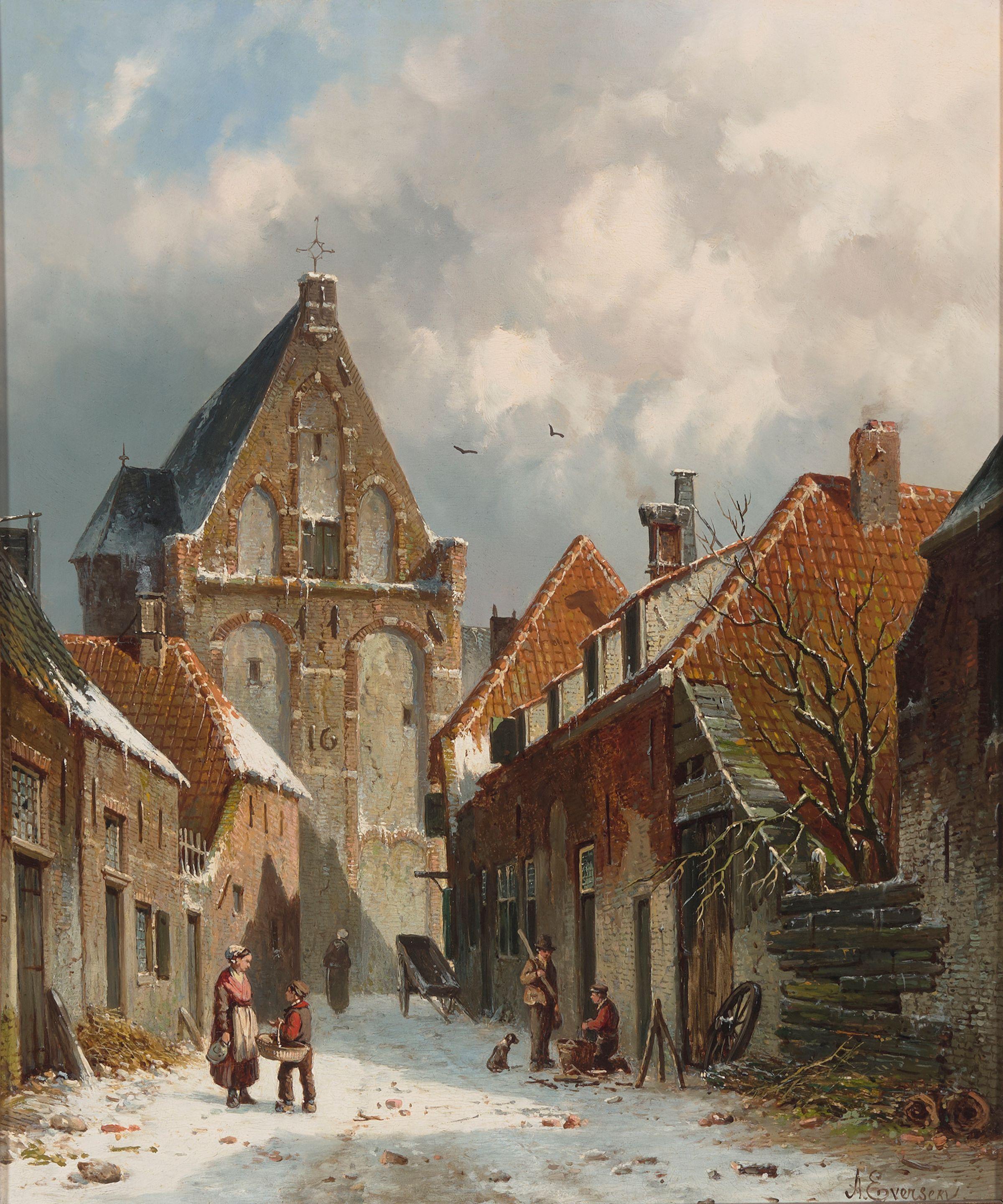 Adrianus Eversen - A Dutch street scene in winter