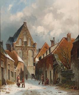 Adrianus Eversen - A Dutch street scene in winter