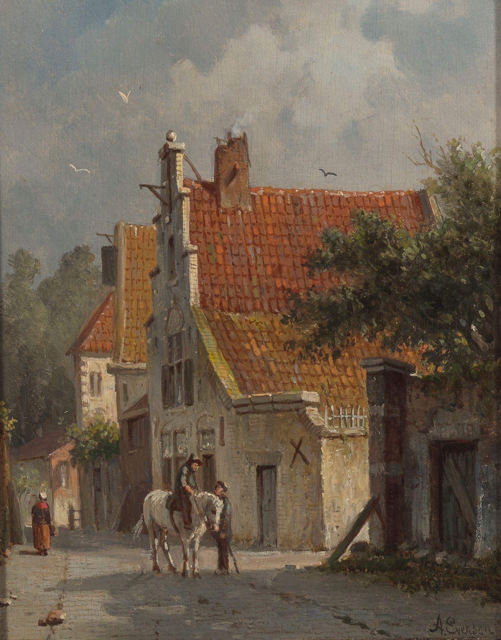Adrianus Eversen - A Dutch street scene with figures
