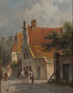 Adrianus Eversen - A Dutch street scene with figures
