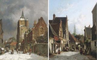 Adrianus Eversen - A snow covered street; and A sunlit street