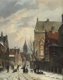 Adrianus Eversen - A snow-covered street with a church beyond