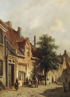 Adrianus Eversen - A Sunlit Street With Figures