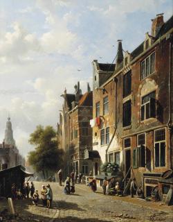 Adrianus Eversen - A Sunny Day With Figures In An Amsterdam Street, The Westerkerk Beyond