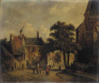 Adrianus Eversen, - A town in summer with figures conversing