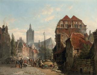 Adrianus Eversen - An elegant couple taking a stroll on a busy day in town