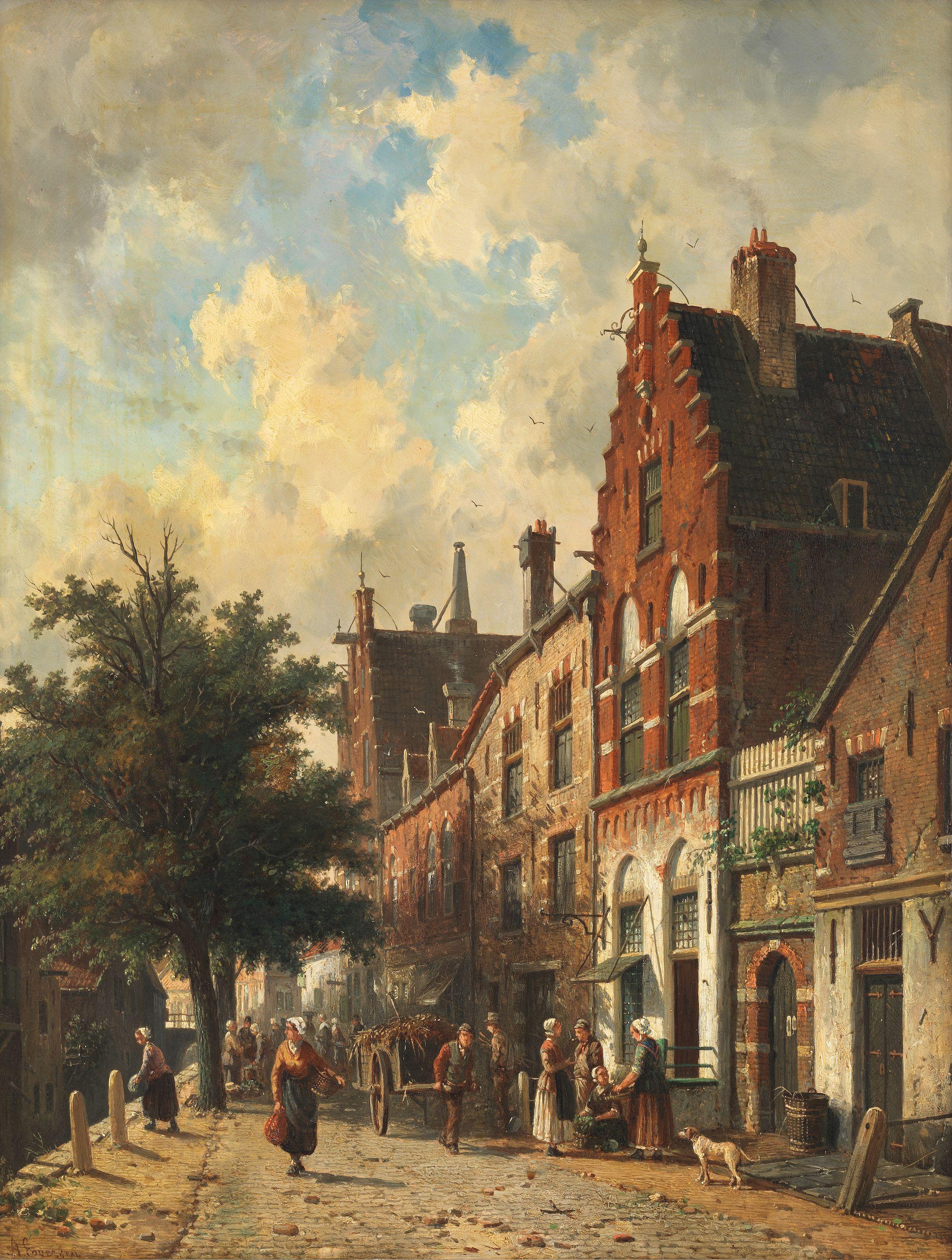 Adrianus Eversen - Busy street scene, Delft