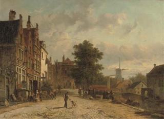 Adrianus Eversen - Daily activities on the Baangracht in Amsterdam with the windmill on the Brouwersgracht beyond