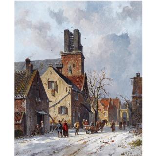 Adrianus Eversen - Dutch Figures In The Snow Covered Streets Of Ransdorp